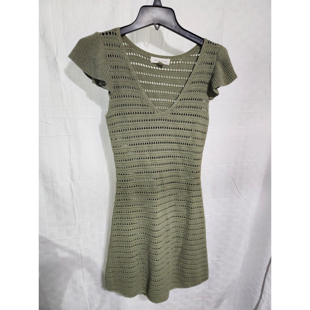 Treasure & Bond Flutter Sleeve Crochet Sweater Dress Sz XS Green